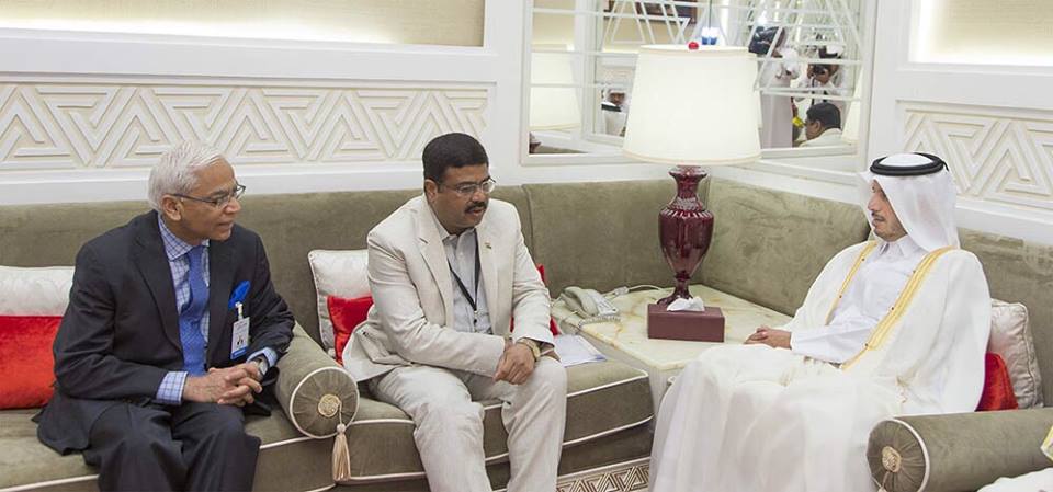  Hon’ Minister of State (IC) for Petroleum and Natural Gas Mr. Dharmendra Pradhan  with HE the PM and Minister of Interior, State of Qatar  